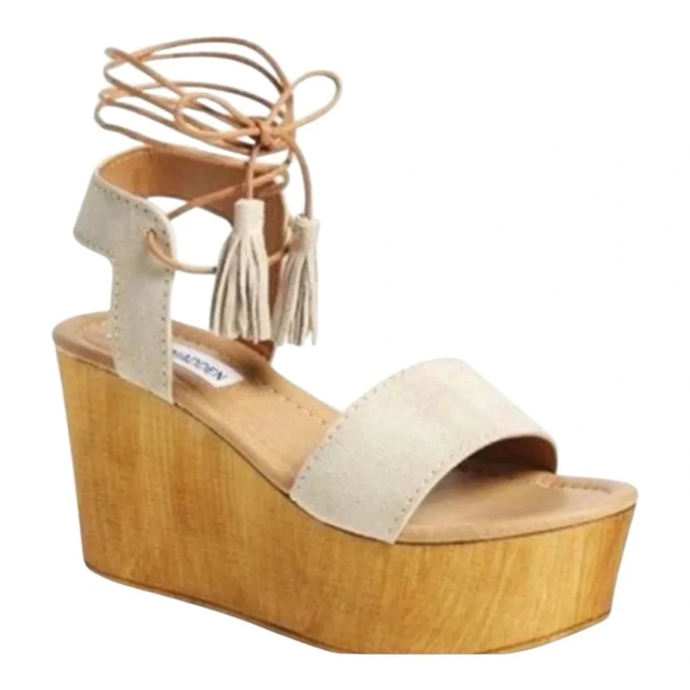 Steve Madden Shannon Suede Leather Tassel Ankle Tie Wooden Platform Wedge Size 9